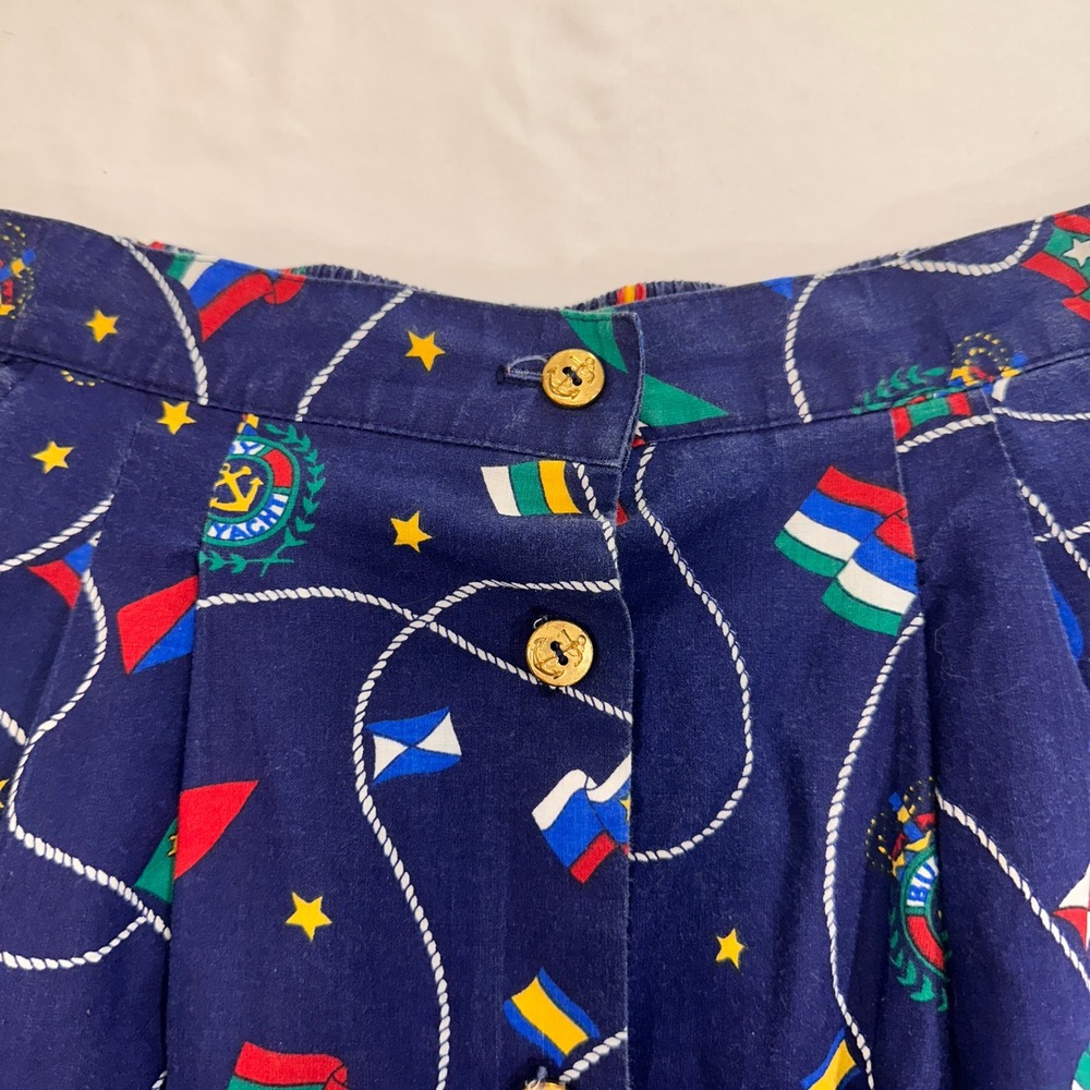 Jantzen Nautical Flag Print Midi Skirt Womens 16 Navy Blue Anchor Buttons Preppy - Picture 2 of 8